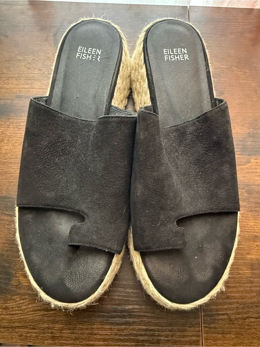 Eileen Fisher Tarry black tumbled nubuck leather espadrille wedge slide sandals